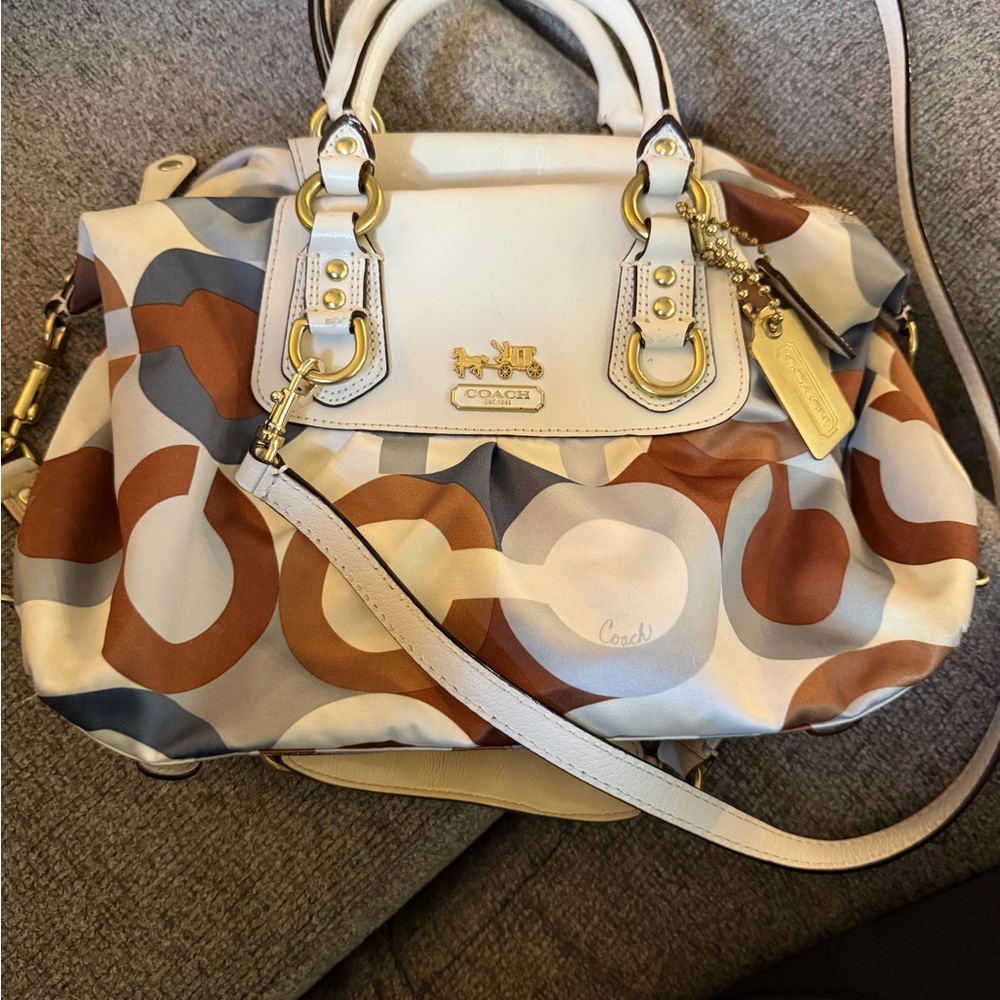 Gently Used Coach Off White, Blue and Brown Sateen Madison Collection Satchel